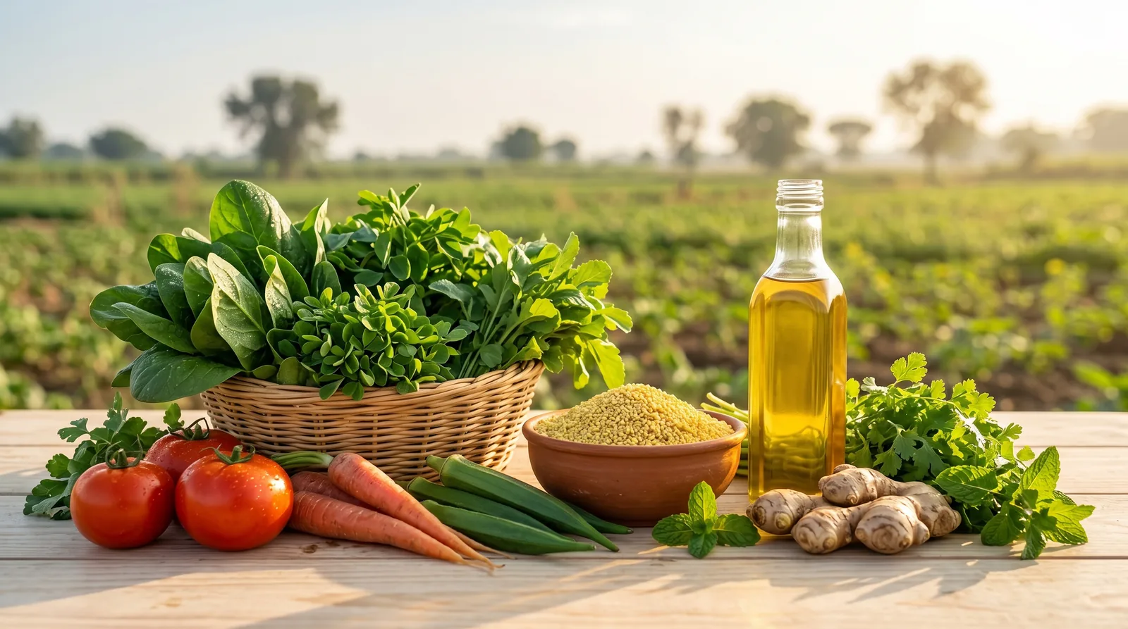 A table of fresh organic produce — leafy greens, tomatoes, millet and cold-pressed oil — before a sunlit organic farm field