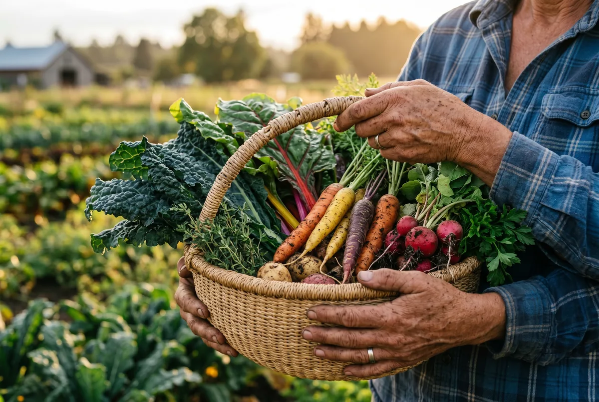 A basket of freshly harvested organic vegetables held in an organic farm field