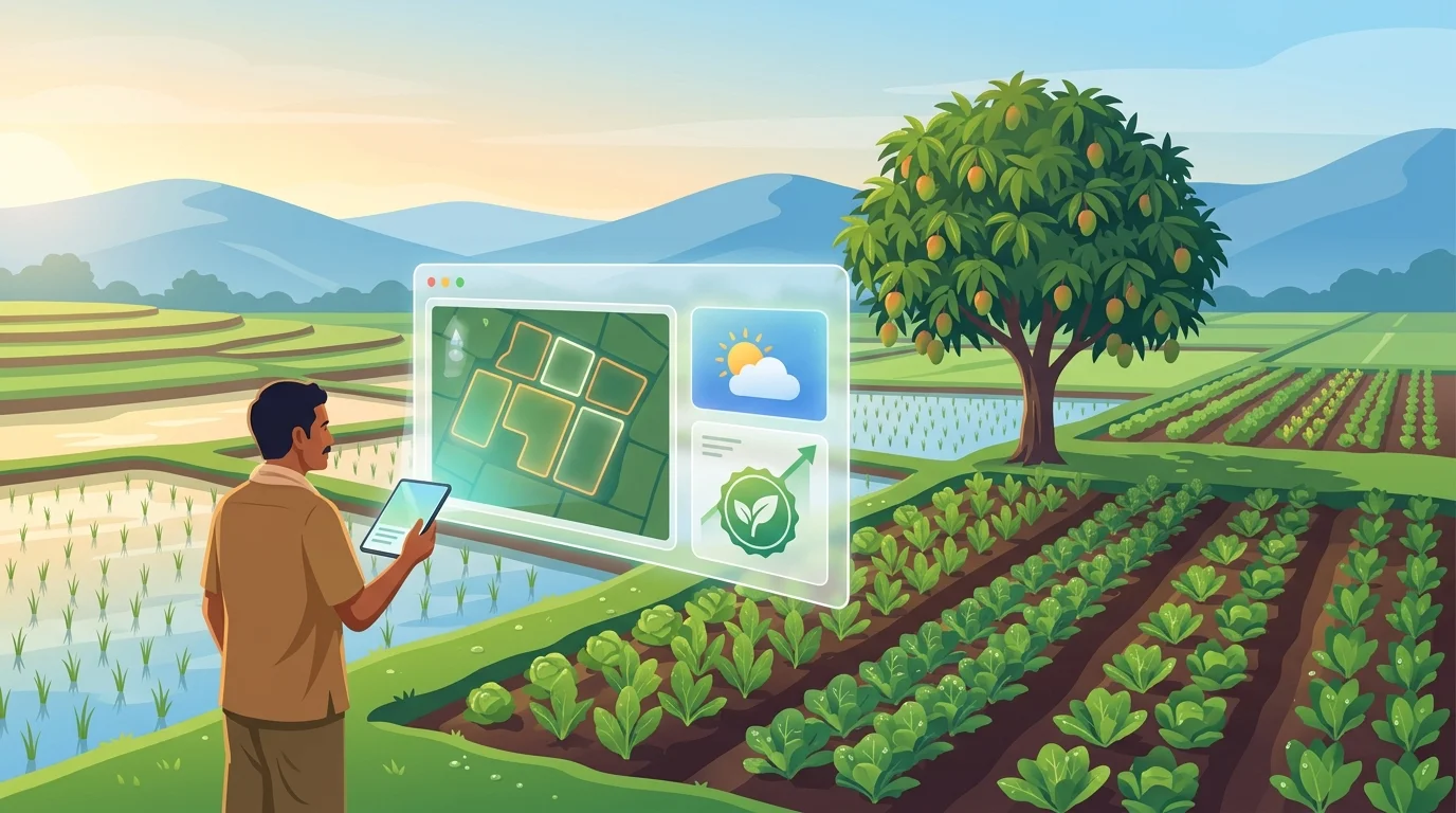 A farmer reviewing a Healthy Bowl digital farm dashboard with field maps and weather