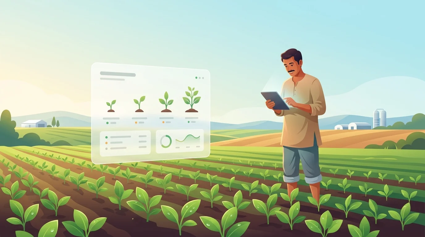 Farmer reviewing crop growth stages on a tablet over rows of organic seedlings