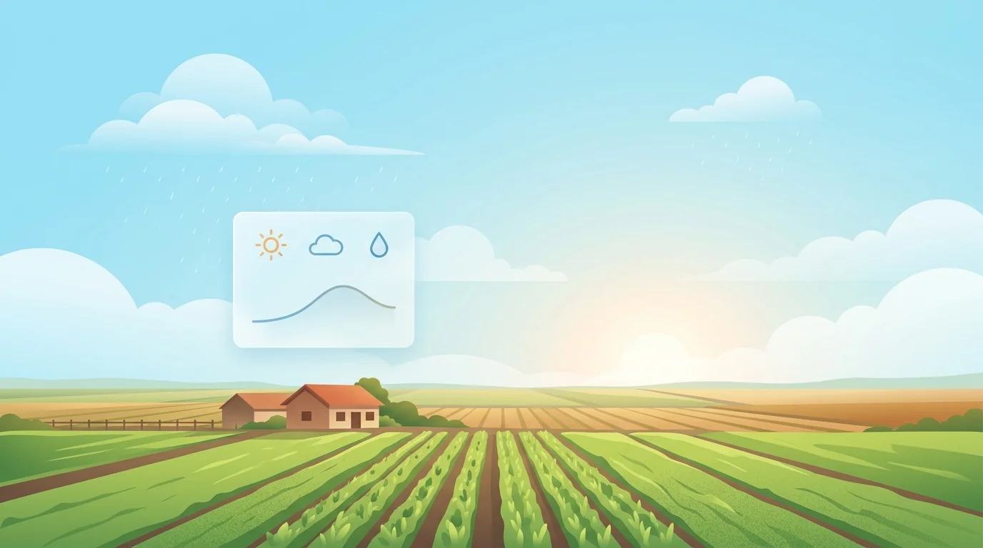 Organic farm under a broad sky with a weather forecast card showing sun, cloud and rain